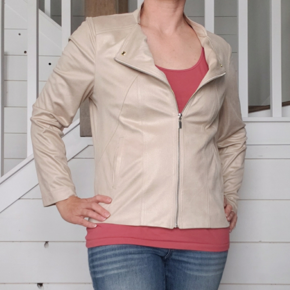TanJay champagne tan women's lightweight dressy zip bomber jacket, size 8